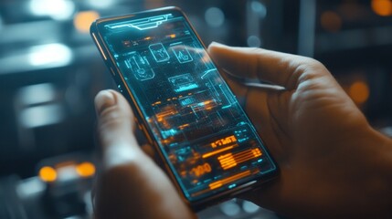 Close-up of hands holding a smartphone with a transparent, holographic interface, representing advanced technology and digital innovation. 