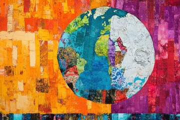 Fototapeta premium Art collage, cut and pasted on paper, depicting the Earth globe in colorful patterns and vibrant textures.