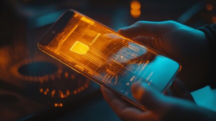 Close-up of hands holding a smartphone with a transparent, holographic interface, representing advanced technology and digital innovation. 