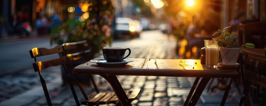 Street cafe with cozy seating, inviting and vibrant, Urban, Soft tones, Photograph, Culinary charm