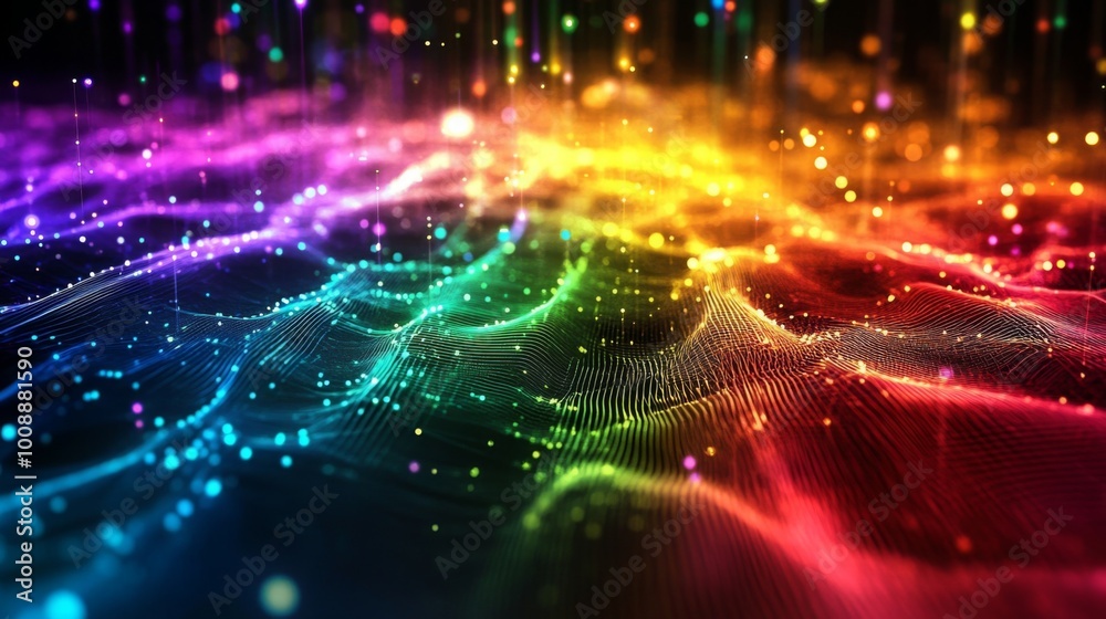 Poster A vibrant, abstract representation of colorful waves with glowing particles, creating a dynamic and mesmerizing visual effect.