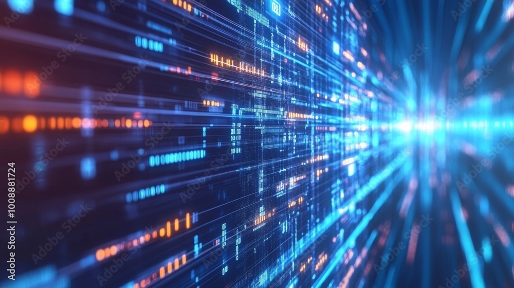 Aufkleber a vibrant digital landscape showcasing streams of data with glowing lines in blue and orange tones, 