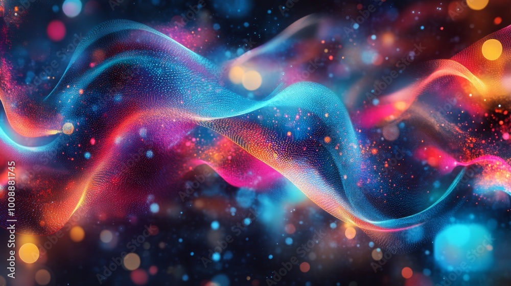 Poster A vibrant abstract scene featuring flowing waves of colors and light, creating a dynamic, energetic atmosphere ideal for digital art.