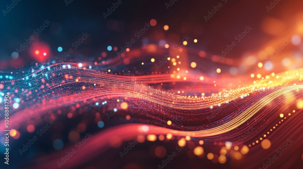 Aufkleber A vibrant abstract design featuring flowing waves of light in orange, red, and blue, creating a dynamic and energetic visual effect.