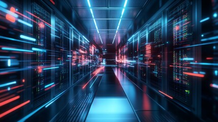 A futuristic data center corridor featuring illuminated servers, with dynamic light effects creating a sense of speed and technological advancement.
