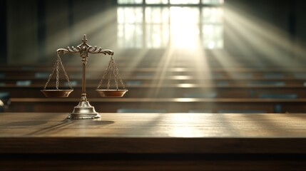A judge's wooden bench with the scales of justice prominently displayed, sunlight streaming through the high windows