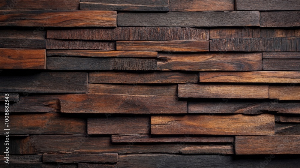 Leinwandbilder A textured wooden wall featuring an array of dark brown planks arranged in an overlapping pattern, creating a rustic and warm aesthetic.