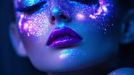 A mystical makeup look with glittering galaxy eyeshadow, cosmic patterns on the skin, and glowing purple lips.