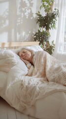 Elderly woman peacefully sleeping under a blanket in a cozy bedroom with soft natural light. rest and relaxation