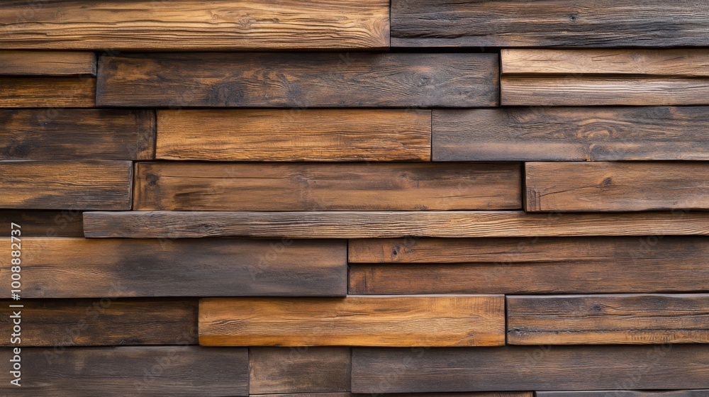 Poster a textured wooden wall with varying shades of brown, showcasing horizontal and vertical plank arrang