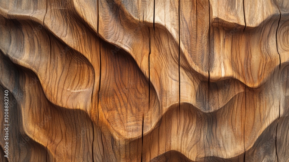 Poster a close-up view of intricately carved wooden texture, showcasing natural patterns and rich grain var