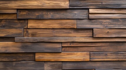 A textured wooden wall with varying shades of brown, showcasing horizontal and vertical plank arrangements in a rustic style.