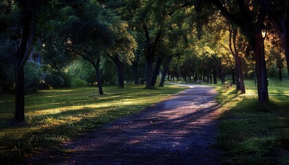 Naklejka premium Treelined path in a park, serene and inviting, Urban, Soft greens, Photograph, Nature walk