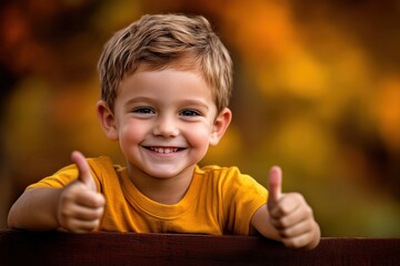 joyful young boy giving two thumbs up while smiling, standing against a blurred autumn background with warm golden tones, wearing a yellow t-shirt, expressing happiness and positivity.