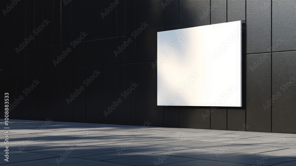 Poster a blank white panel mounted on a dark textured wall, creating a minimalist and modern aesthetic in a