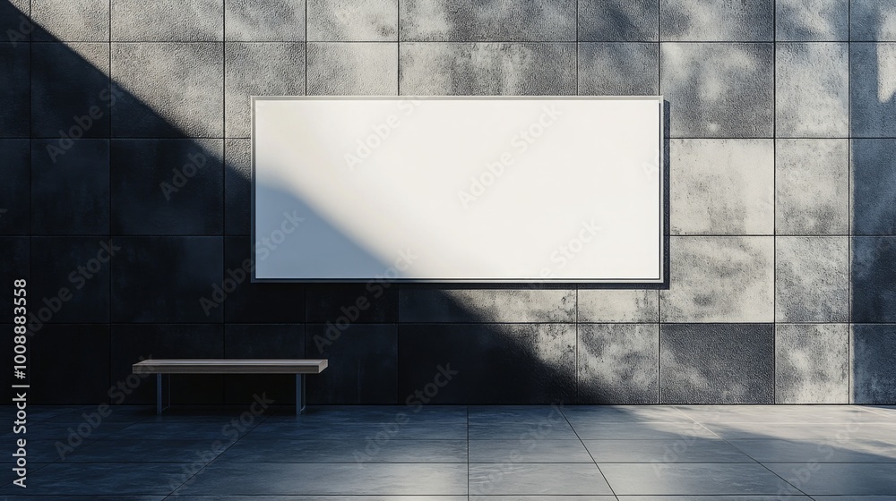 Poster A minimalist setting featuring a blank canvas mounted on a textured wall with a shadowed area and a wooden bench in the foreground.