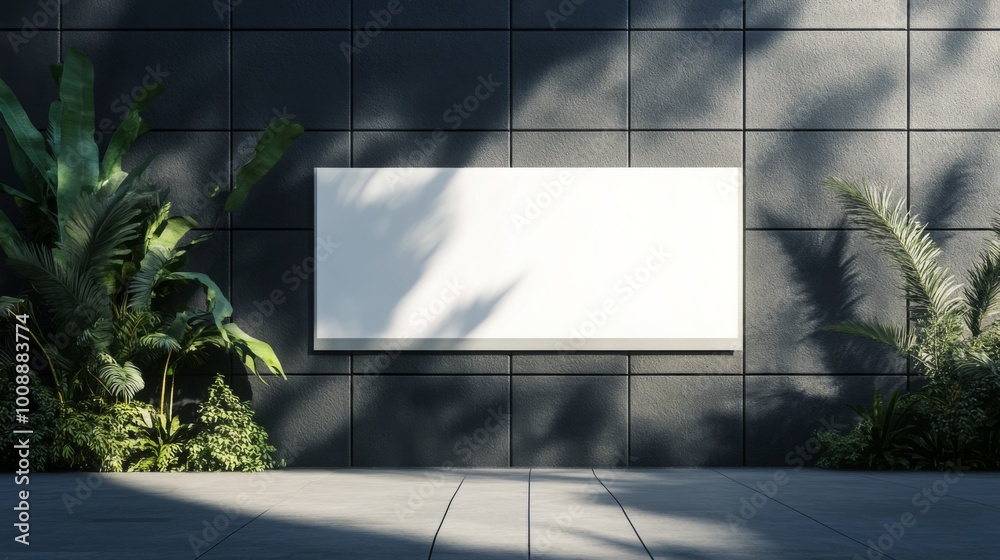 Poster a minimalistic wall displays a blank white sign framed by lush greenery and textures, creating a cal