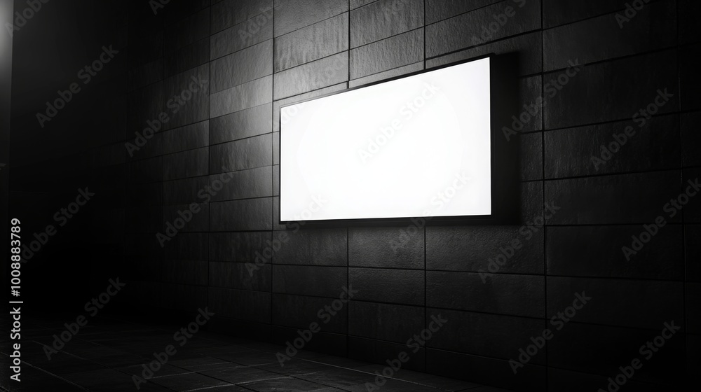 Poster a blank, illuminated screen is mounted on a dark, textured wall, creating a stark contrast in an emp