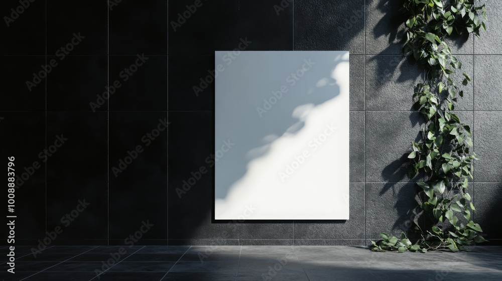 Poster A minimalist scene featuring a blank canvas hanging on a wall, complemented by greenery against a dark background, creating a serene atmosphere.