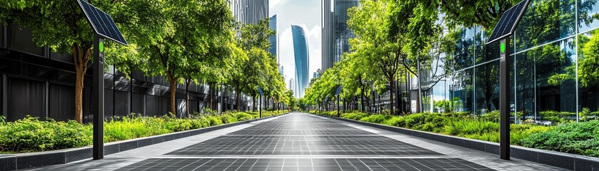 Contemporary urban street lined with trees and modern buildings, featuring a blend of nature and architecture under a clear blue sky.