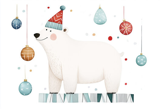 Weihnachtlicher Eisb&auml;r steht auf einer Schneefl&auml;chen &ndash; Festliche Aquarellkunst f&uuml;r die Winterzeit