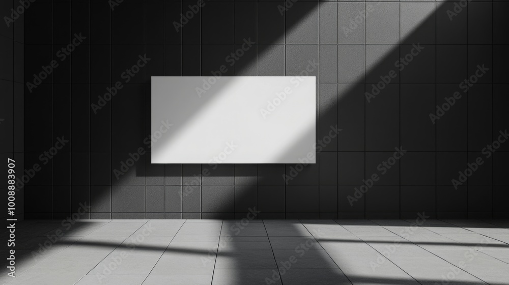 Poster a minimalistic room featuring a blank canvas on a dark wall, illuminated by natural light, creating 