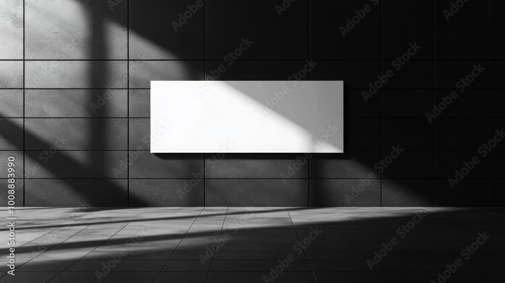 Aufkleber A minimalist space featuring a white rectangular object on a dark textured wall, illuminated by a beam of light creating distinct shadows.