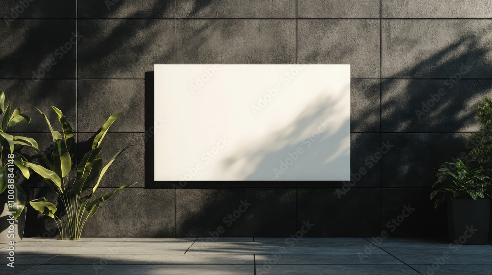 Poster a minimalist wall scene featuring a blank canvas framed by plants, illuminated by natural light, cre