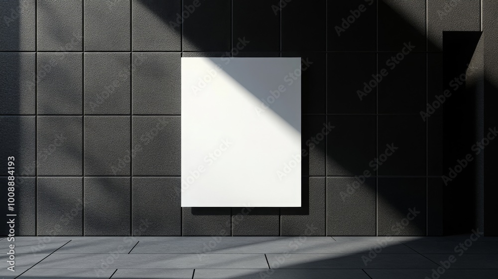 Aufkleber a minimalist white canvas mounted on a textured dark wall, illuminated by a dramatic shadow, creatin