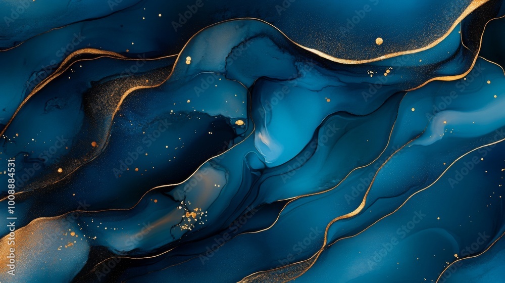 Poster A flowing abstract design featuring deep blue hues, accented with golden lines and shimmering elements, creating a dynamic and elegant look.