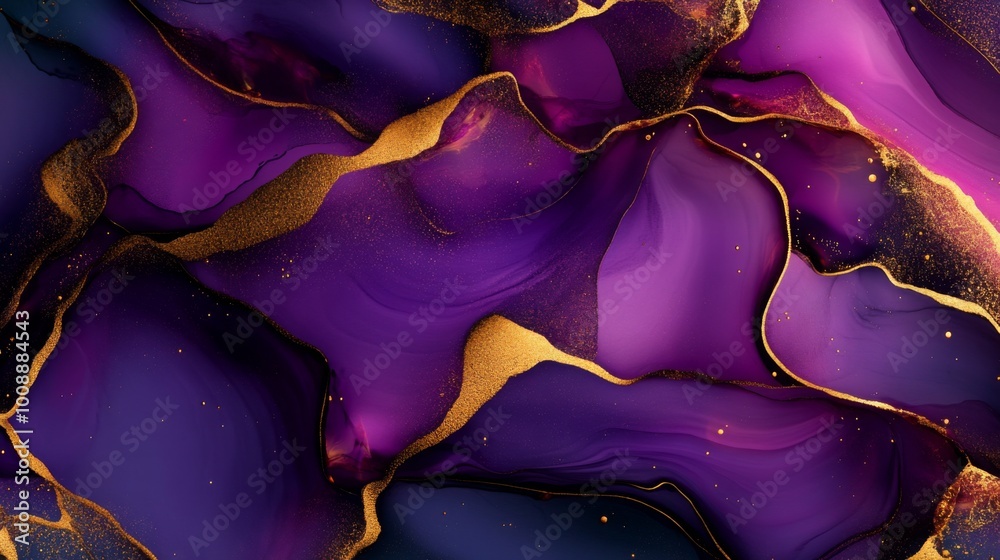 Poster a stunning abstract background with flowing purple hues accented by golden veins, creating a visuall