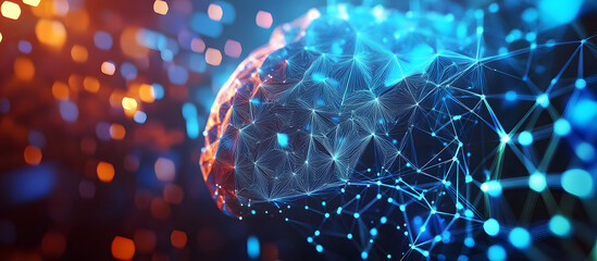 AI and computer brain. High technology, digital big data concept. Neural network, blockchain cloud technologies. Colorful 3D illustration of polygonal network, cybersecurity and internet business