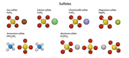 Sulfate Metal Compounds: Iron (FeSO4), Calcium (CaSO4), Chromium (CrSO4), Magnesium (MgSO4), Aluminum (Al2(SO4)3) and Ammonium (NH4)2SO4). They are utilized in chemistry and industry. 3d illustration