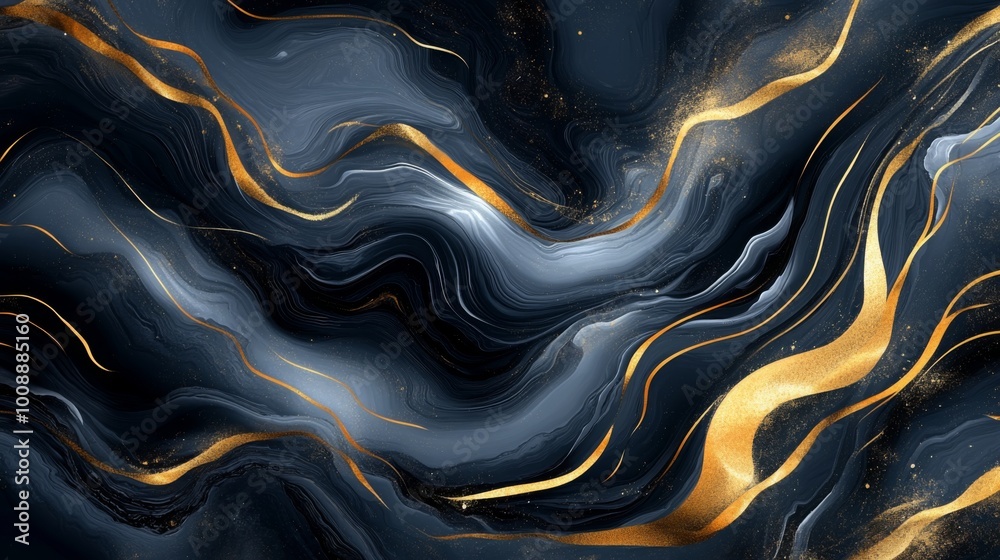 Poster a mesmerizing blend of dark blue and gold swirls, creating an elegant abstract design with flowing m