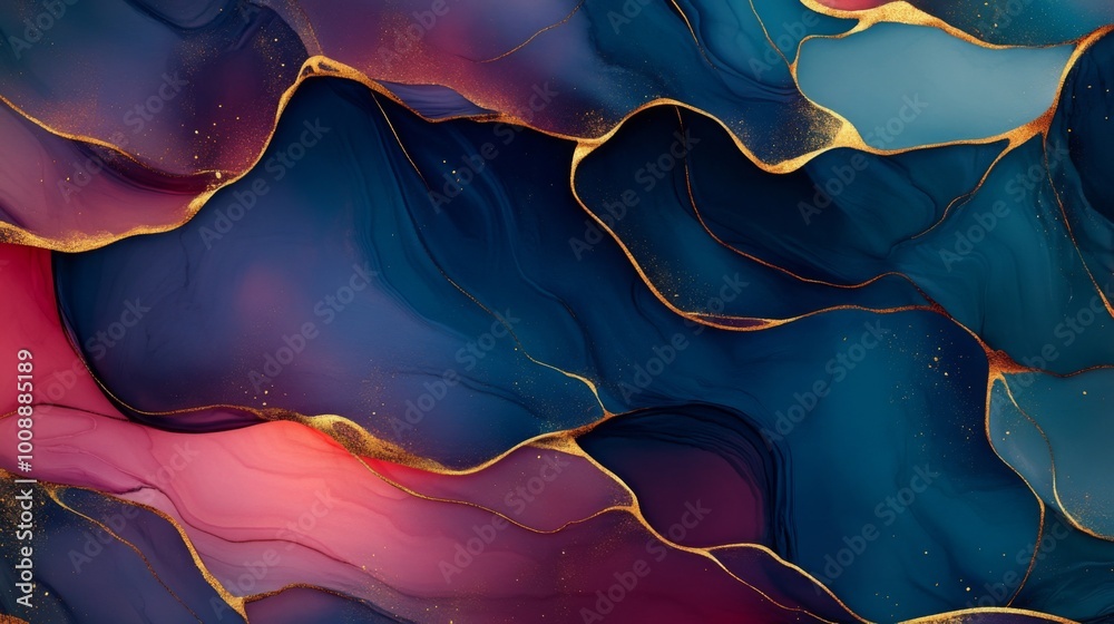 Poster A vibrant abstract image featuring flowing waves of deep colors with hints of gold, creating a stunning, artistic composition.