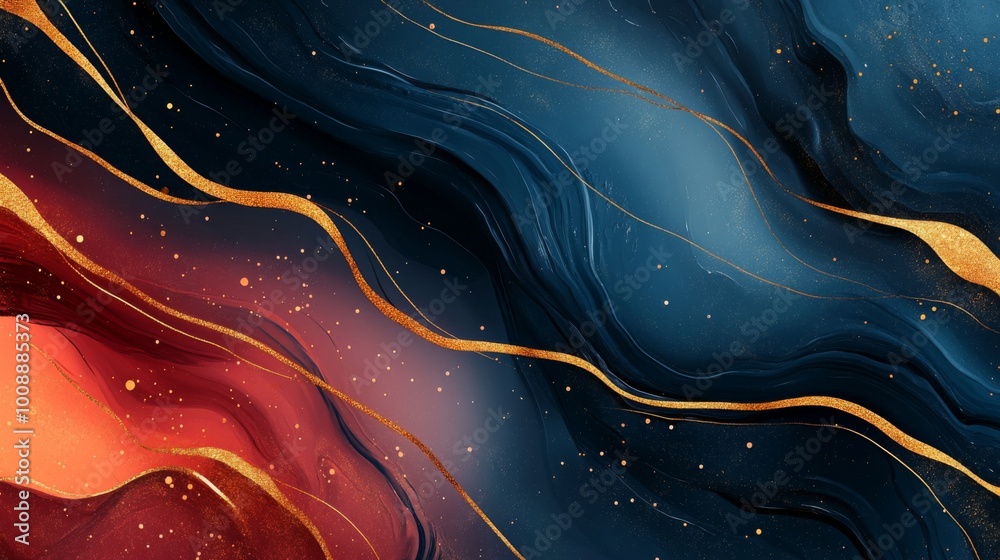 Poster A vibrant abstract design featuring blue, red, and gold wavy patterns, creating a dynamic and striking visual effect.