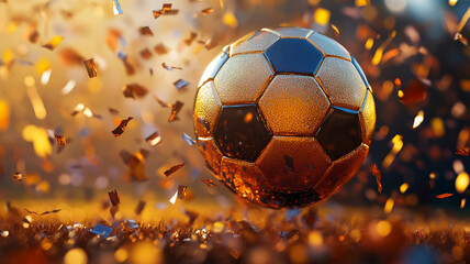 A soccer ball in motion surrounded by shimmering confetti at a festive outdoor event