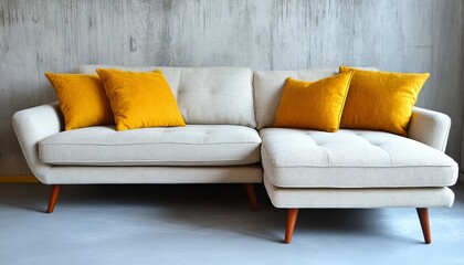 Scandinavian Sofa with Yellow Cushions on Polished Concrete Floor, Modern Interior Design