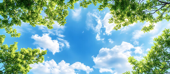 Obraz premium Blank blue sky with fluffy clouds and green tree branches in the foreground providing copy space image