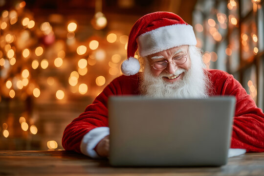 Santa Claus works on a laptop near a decorated Christmas tree with glowing lights