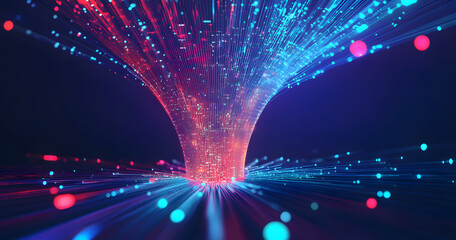 5G technology wireless data transmission, high-speed internet. Information flow in abstract cyberspace. 3d illustration of big data digital funnel