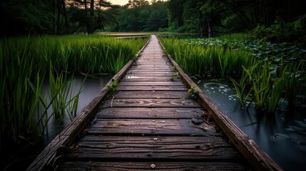 Obraz premium Wooden boardwalk through a wetland, serene and inviting, Nature, Soft greens, Photograph, Natural pathway