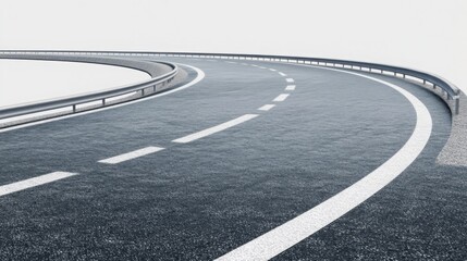 Obraz premium A winding road curves through a misty landscape, showcasing a smooth surface with white lane markings against a soft gray background.
