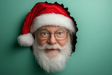 Naklejka premium Santa Claus peeking through a hole in a green background