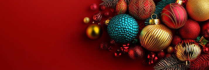 Fototapeta premium Arrangement of Christmas ornaments and holiday decorations on a red background