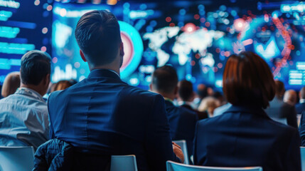 Naklejka premium A group of business leaders sharing insights on global leadership at an international conference, with digital screens showcasing key market trends and data.