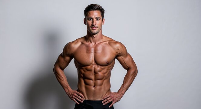 Athletic man in black swimwear posing for a portrait on a plain white background