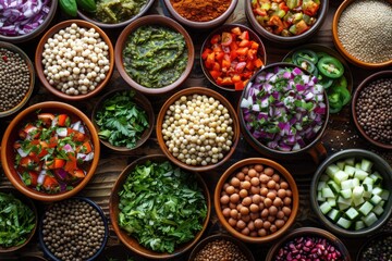 Fototapeta premium A vibrant selection of chopped vegetables, herbs, and grains in bowls, representing fresh, healthy, and plant-based ingredients for a nutritious and colorful culinary experience.