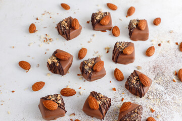 Handmade chocolate with pistachios, dark and milk chocolate pieces.