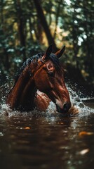 A horse splashes playfully in a forested waterway, capturing a moment of joy in nature.